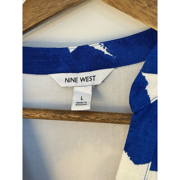 9 West Dress Large Linen Blend Button Front Blue White Resort Coastal Vacation - Picture 5 of 14